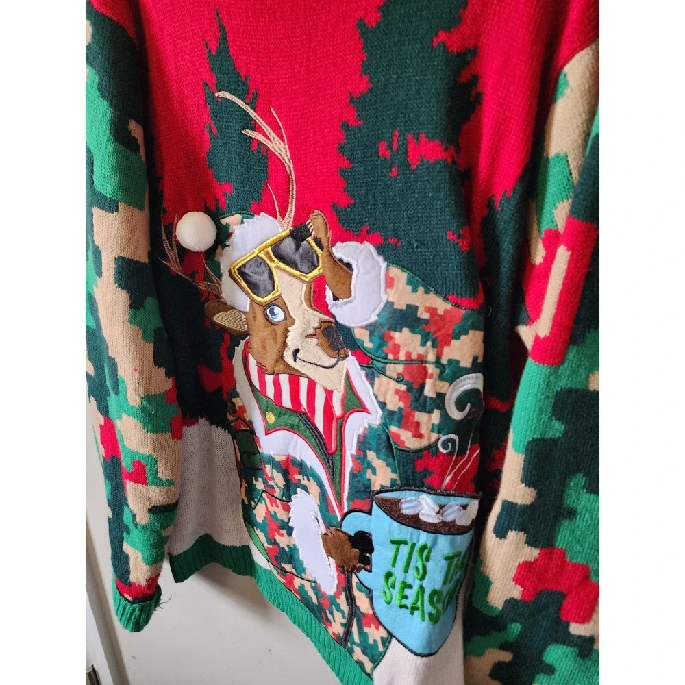 Celebrate Together Reindeer Ugly Christmas Sweater XXL Red Green Camo Tis Season